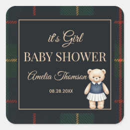 Sticker Carré Classic Polo Teddy Bear Preppy Plaid Baby Shower