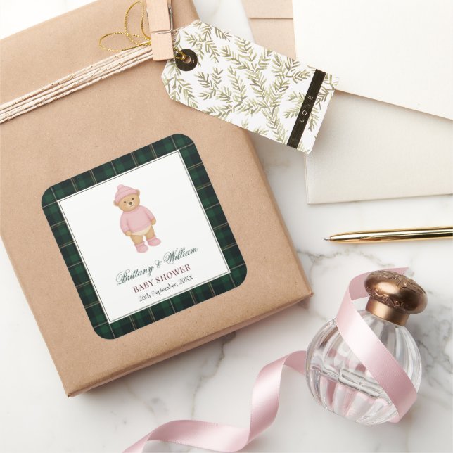 Sticker Carré Classic Preppy Bear Pink Baby Shower (Cadeaux)