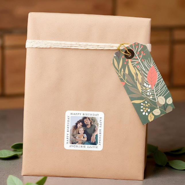 Sticker Carré Classic Simple Happy Birthday Family Photo (Créateur téléchargé)