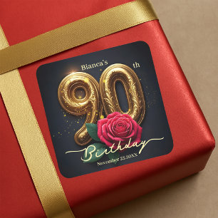 Sticker Carré Classieux Chic Rose Rouge Orné 90e Anniversaire