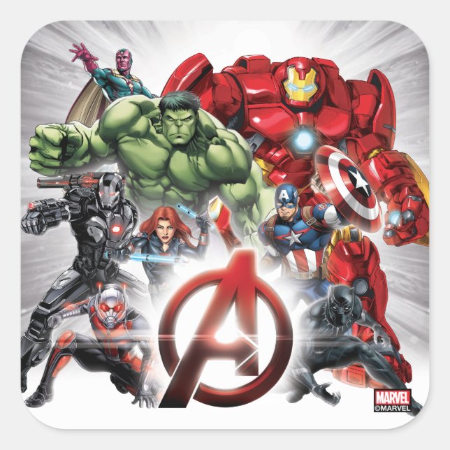 Sticker Carré Classique Avengers | Groupe Avengers Logo Glown (Devant)
