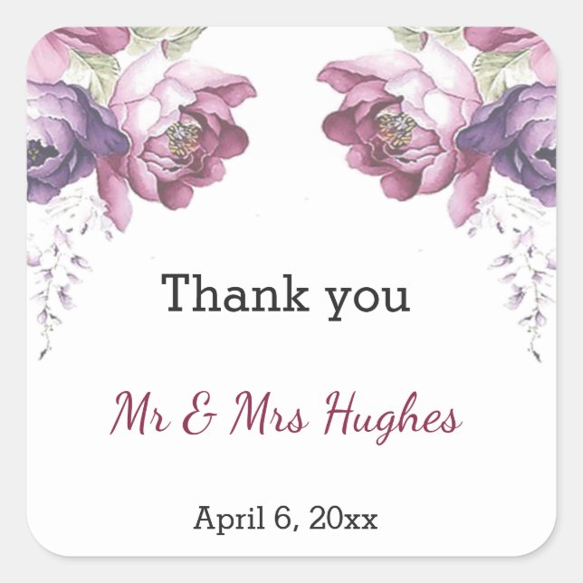 Sticker Carré Classique lilas et rose mariage floral merci (Devant)