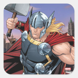 Sticker Carré Classiques Avengers Thor bondissant avec Mjolnir