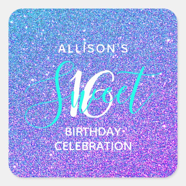 Sticker Carré Classy Sweet 16 Turquoise Purple Parties scintilla (Devant)