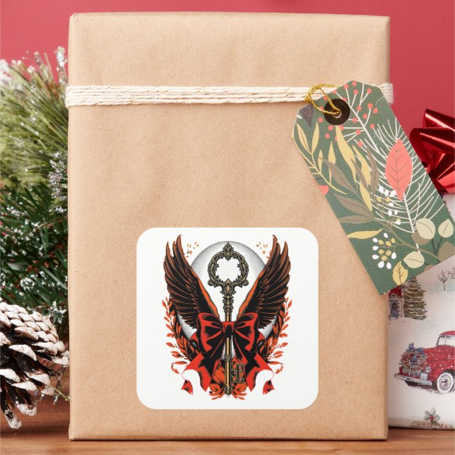 Sticker Carré Clé de fond en velours gothique avec ailes et lune (vacances)