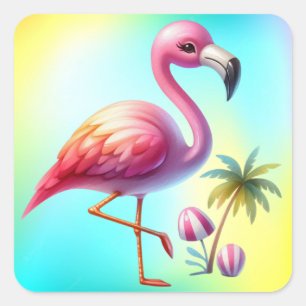 Sticker Carré Clipart de dessin Flamant rose aquarelle