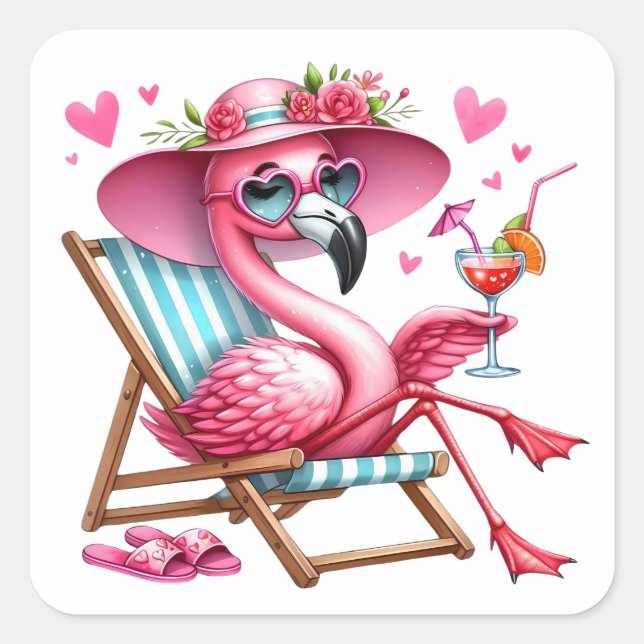 Sticker Carré Clipart de Flamant rose mignonne (Devant)
