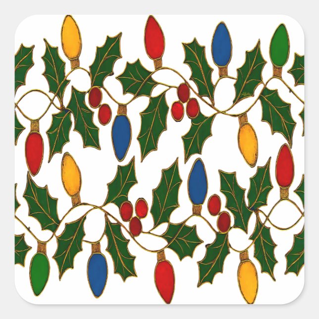 Sticker Carré Cloisonne Art Christmas Lights and Holly (Devant)
