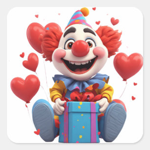 Sticker Carré Clown de fête mignon avec ballons en forme de cœur
