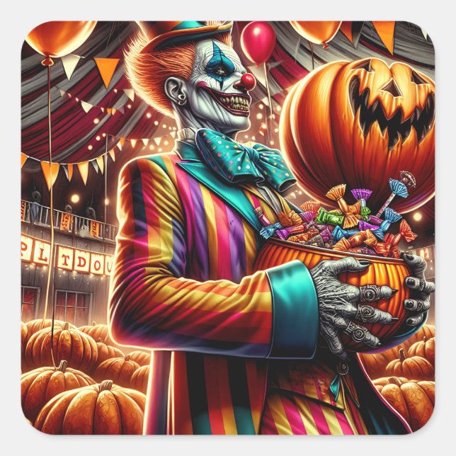Sticker Carré Clown effrayant avec Jack O' Lantern Halloween (Devant)