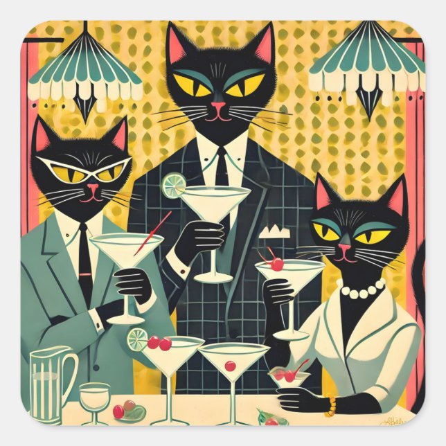 Sticker Carré Club Martini Cat Noir Futuriste Rétro (Devant)