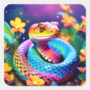 Sticker Carré Cobra serpent avec rose et jaune turquoise éclatan