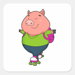 Sticker Carré Cochon à Patinage en ligne avec patins à rouleaux