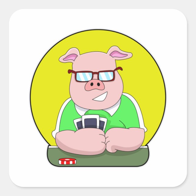 Sticker Carré Cochon au poker avec cartes (Devant)