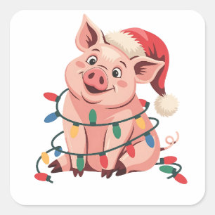 Sticker Carré Cochon aux lumières de Noël portant un chapeau de