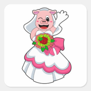 Sticker Carré Cochon avec robe Mariage & Bunch of Flowers