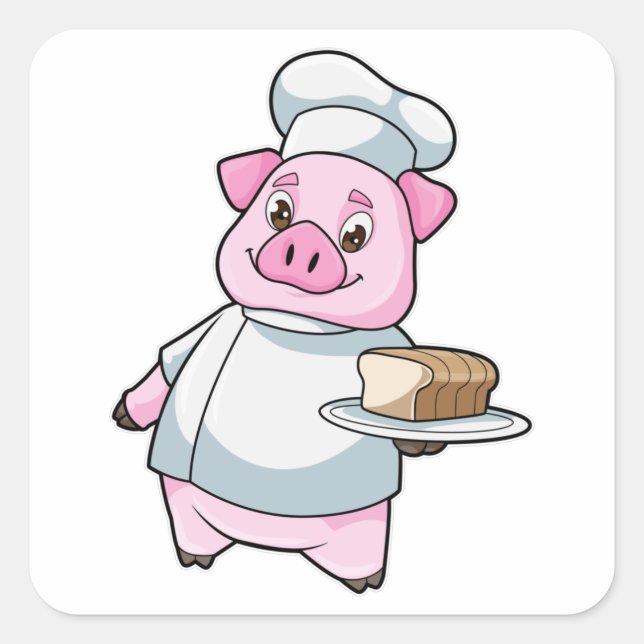 Sticker Carré Cochon comme chef avec Plateau et Cake (Devant)