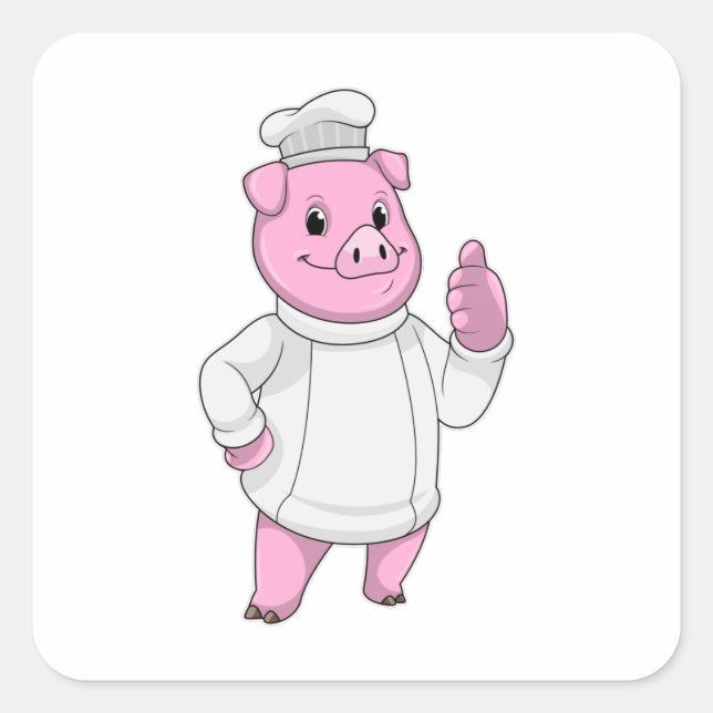 Sticker Carré Cochon comme cuisinier avec casquette chef (Devant)