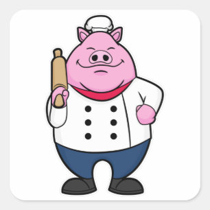 Sticker Carré Cochon comme cuisson avec broche à rouleaux
