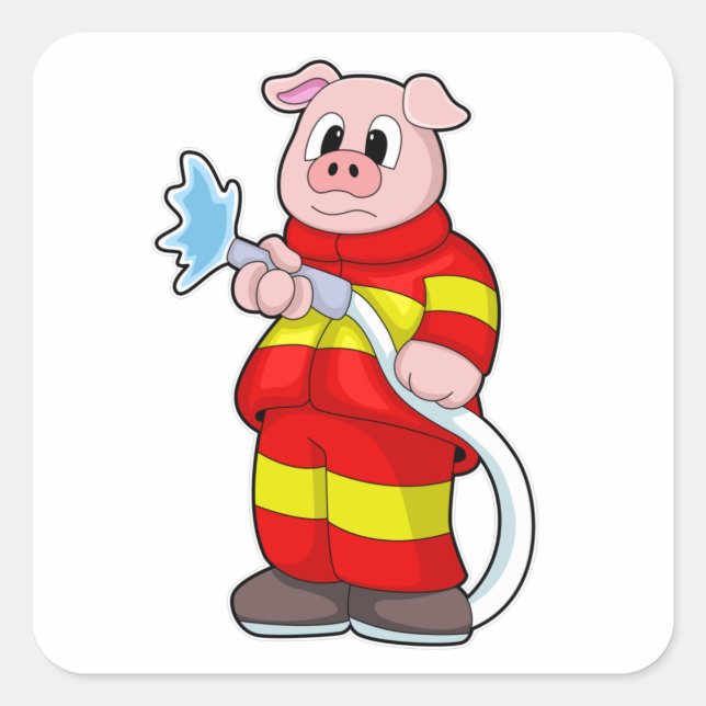 Sticker Carré Cochon comme pompier avec tuyau (Devant)