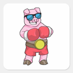Sticker Carré Cochon en boîte avec gants de boxe