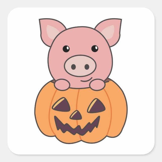 Sticker Carré Cochon En Citrouille Cochons Doux Joyeux Halloween (Devant)