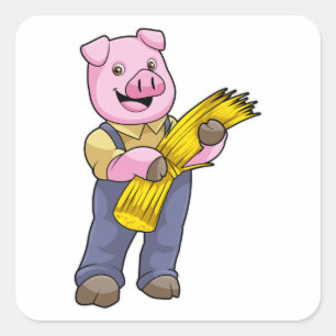 Sticker Carré Cochon en fermier avec paille