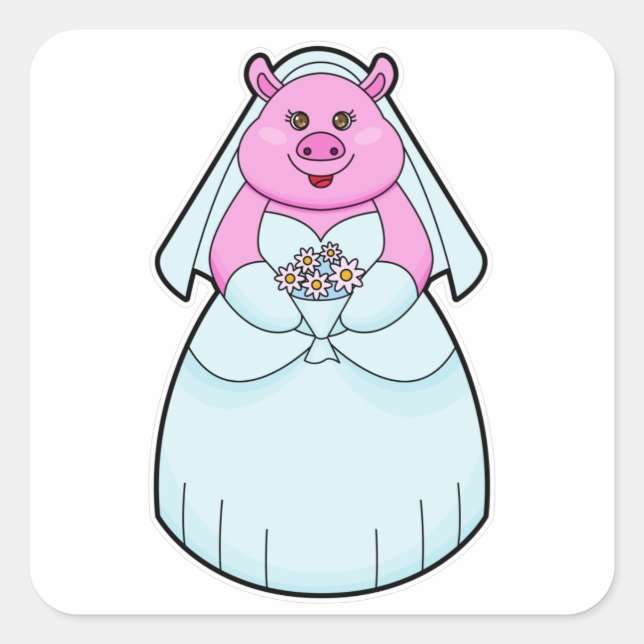Sticker Carré Cochon en mariée avec Voile (Devant)