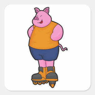 Sticker Carré Cochon en patinage avec patins en ligne