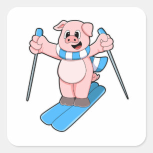 Sticker Carré Cochon en ski avec ski Scarf & Ski Poteaux