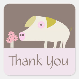 Sticker Carré Cochon mignon et Fleurs roses brun