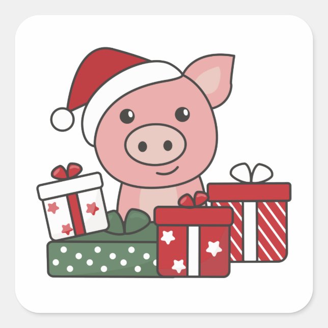 Sticker Carré Cochon Noël Cadeau Animaux d'hiver Cochons (Devant)