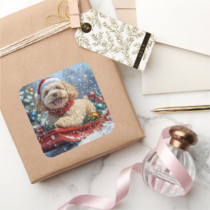 Sticker Carré Cockapoo Dog in Sledge Let it Neige Christmas