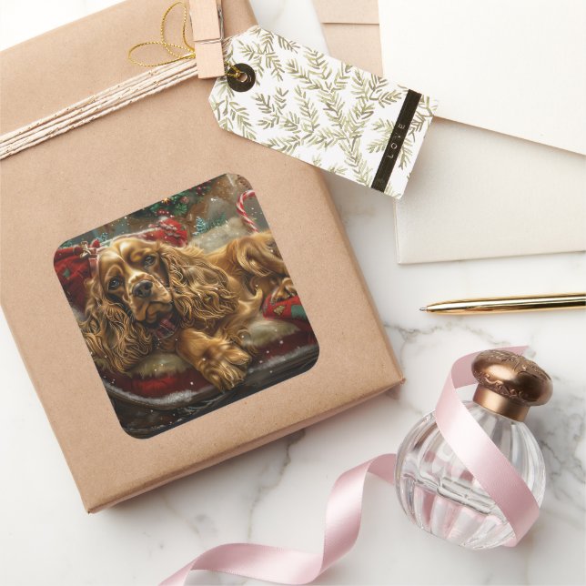 Sticker Carré Cocker Spaniel Chien Festif de Noël (Cadeaux)