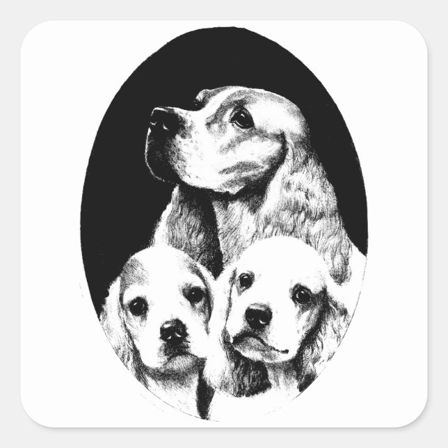 Sticker Carré Cocker Spaniel Maman et chiot chiens art (Devant)