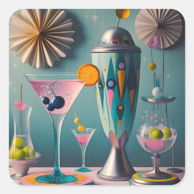 Sticker Carré Cocktail atomique futuriste du milieu du siècle (Devant)