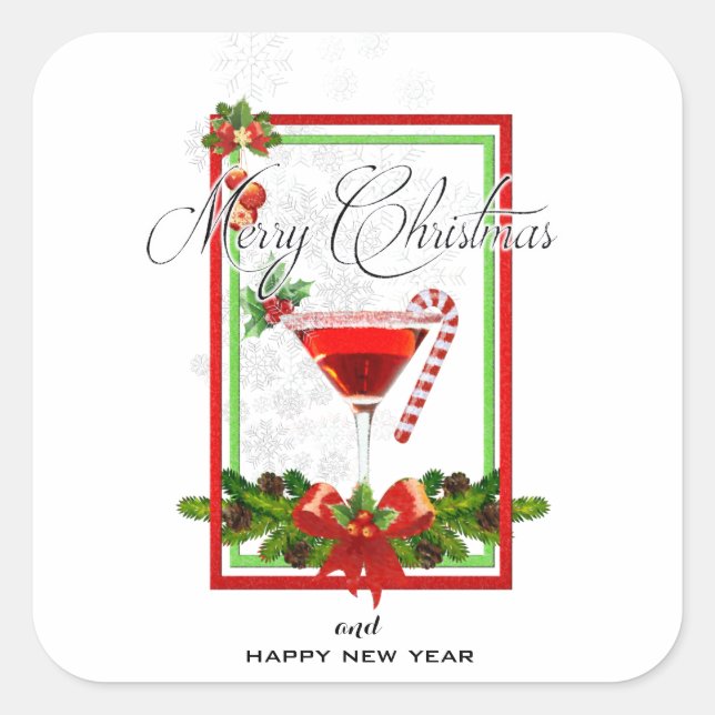 Sticker Carré Cocktail de Noël Aquarelle Art (Devant)