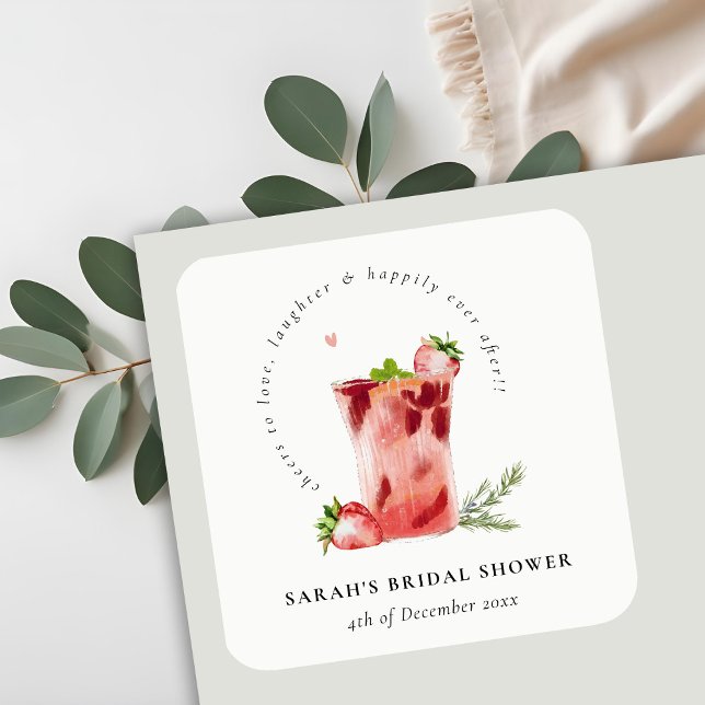 Sticker Carré Cocktail Mariage Rose Fraise Marguerite (Créateur téléchargé)