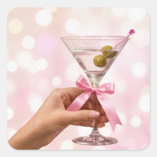 Sticker Carré Cocktail Martini avec un nœud en satin rose