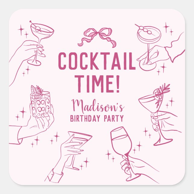 Sticker Carré Cocktail rose Fête Enveloppe Anniversaire Favorise (Devant)