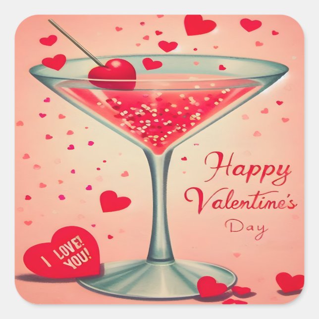 Sticker Carré Cocktail Valentine Martini du milieu du siècle (Devant)