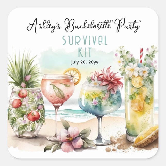Sticker Carré Cocktails tropicaux Kit de survie Bachelorette Par (Devant)