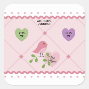 Sticker Carré Cœur avec Saint Valentin oiseau rose