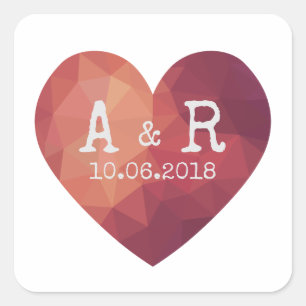 Sticker Carré Coeur de poly rouge moderne, monogrammes et date
