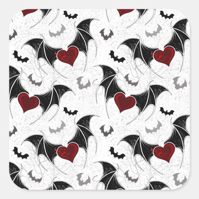 Sticker Carré Coeur d'Halloween avec ailes de chauve-souris noir (Devant)