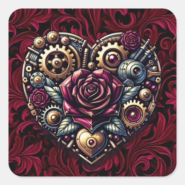 Sticker Carré Coeur et Roses Steampunk (Devant)