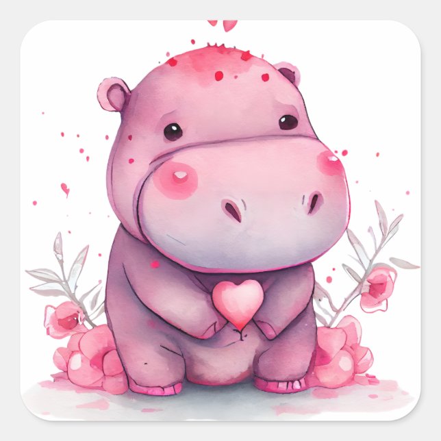 Sticker Carré Coeur mignon Hippo Valentine (Devant)