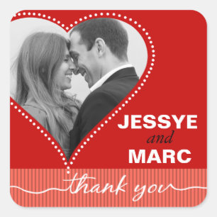 Sticker Carré Coeur pointillé Photo Merci corail rouge