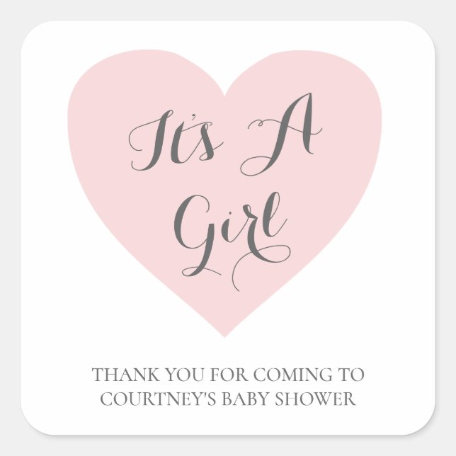 Sticker Carré Coeur Rose Cute C'Est Un Baby shower Fille (Devant)