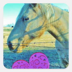 Sticker Carré Coeur rose et Cheval jaune
